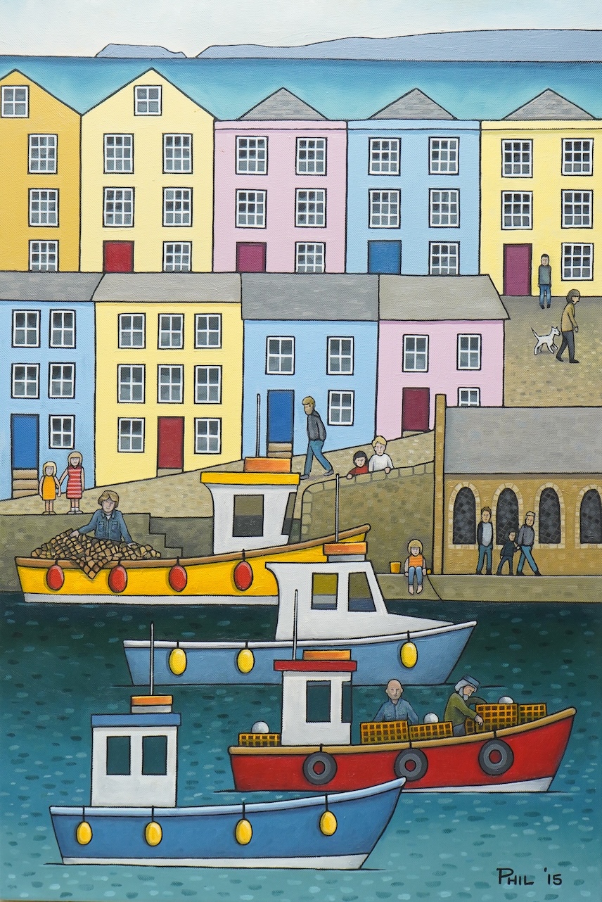 Phil Washington (contemporary), ‘Tenby Harbour’, signed and dated ‘15, details verso, oil on canvas, 75 x 50cm